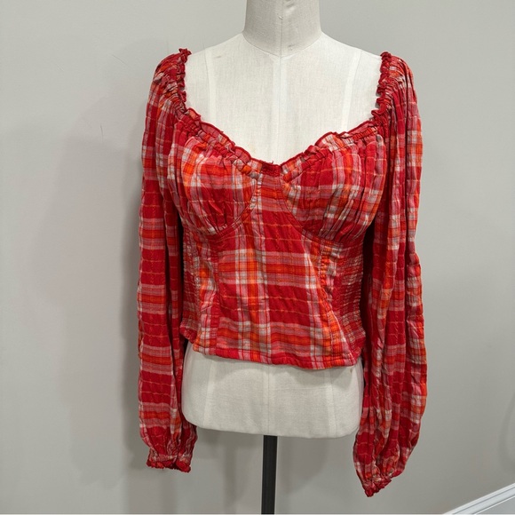 FREE PEOPLE Cherry Bomb Madrass Plaid Top in Red Hot Size Large New - Picture 3 of 14